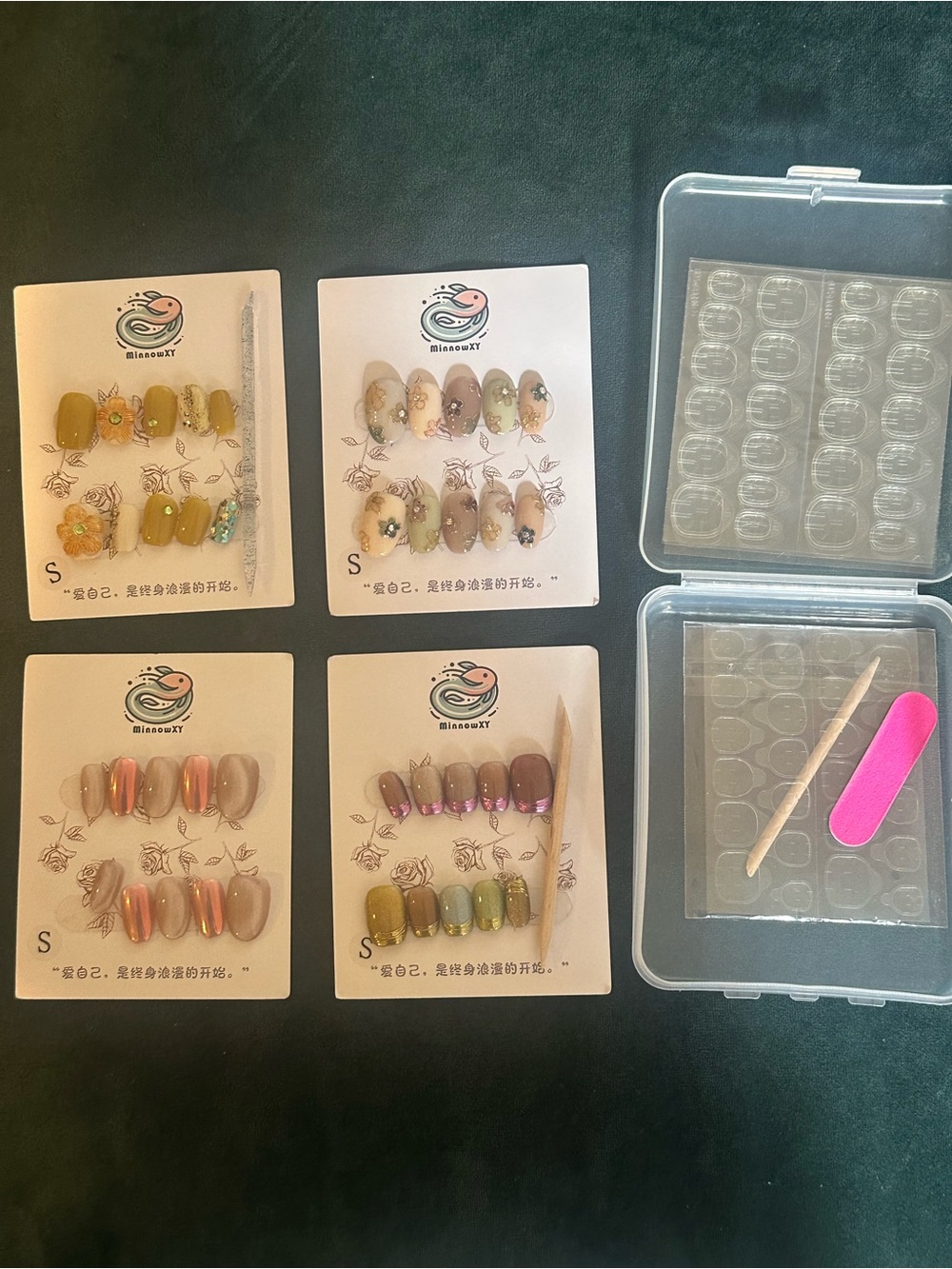 Assorted Press-On Nail Sets in Olive Green, Beige, Pink & Gold Accents